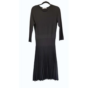 THE FOLD London Black Ribbed Knit Pleated Midi Dress Size Medium 3/4 Sleeve